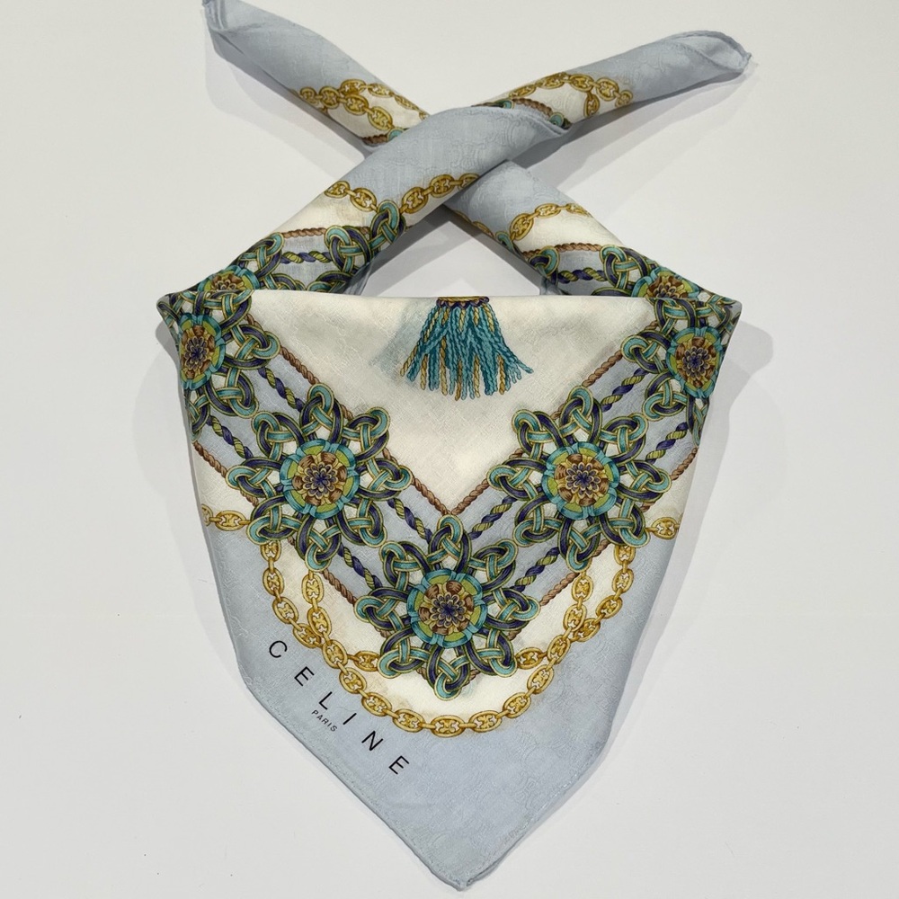 Celine Handkerchief VTG Mini Scarf Bannada Art Logo Blue Cotton Pocket Square 22